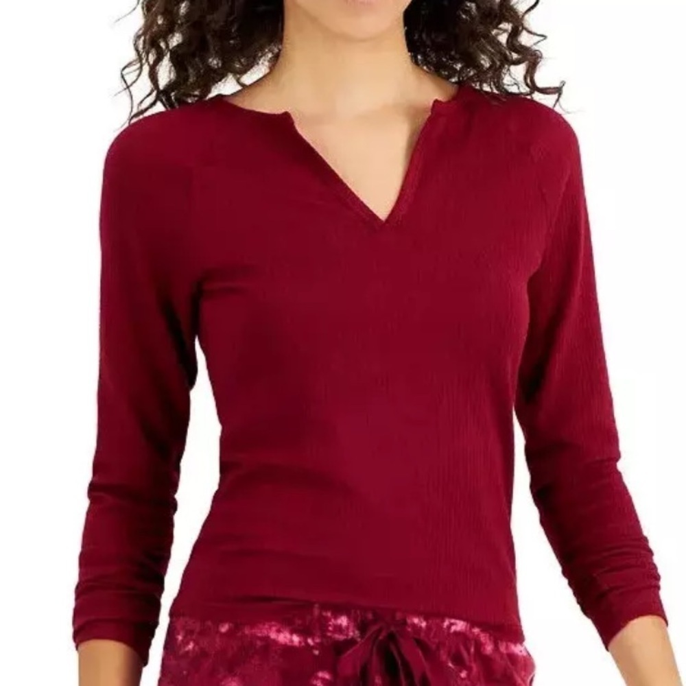 Jenni Intimates Women's XS Split Neck Ribbed Henley Top Wine Red Long Sleeve New